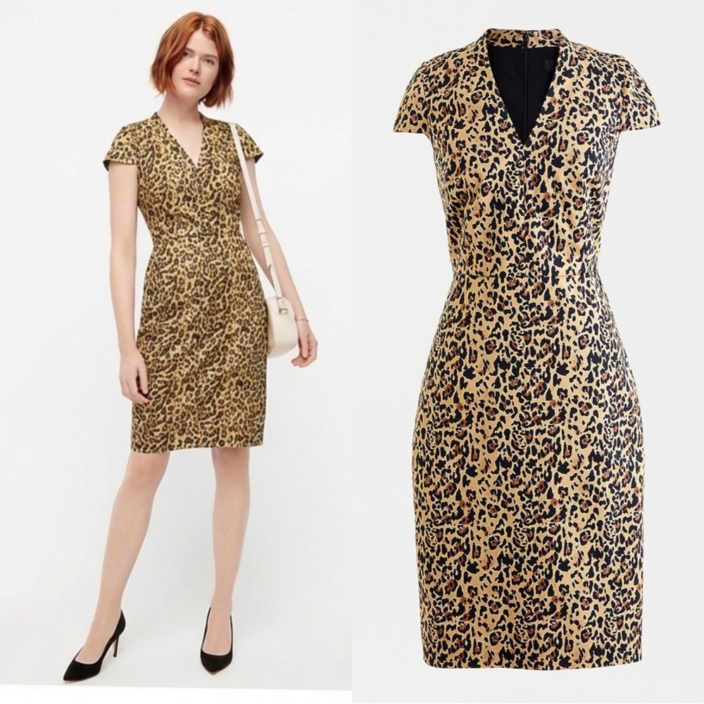 J. Crew V-neck Sheath Dress Black Brown Tan Leopard Print Sz. 6